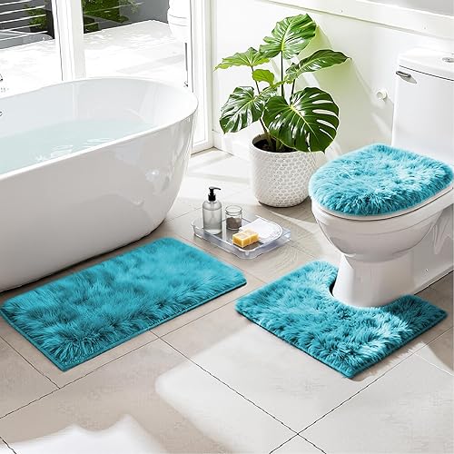 Miniatura 9 de RUN HELIX Juego de alfombras de baño negras de 3 piezas, alfombras de baño peludas, antideslizantes, absorbentes de agua, alfombras de baño suaves y