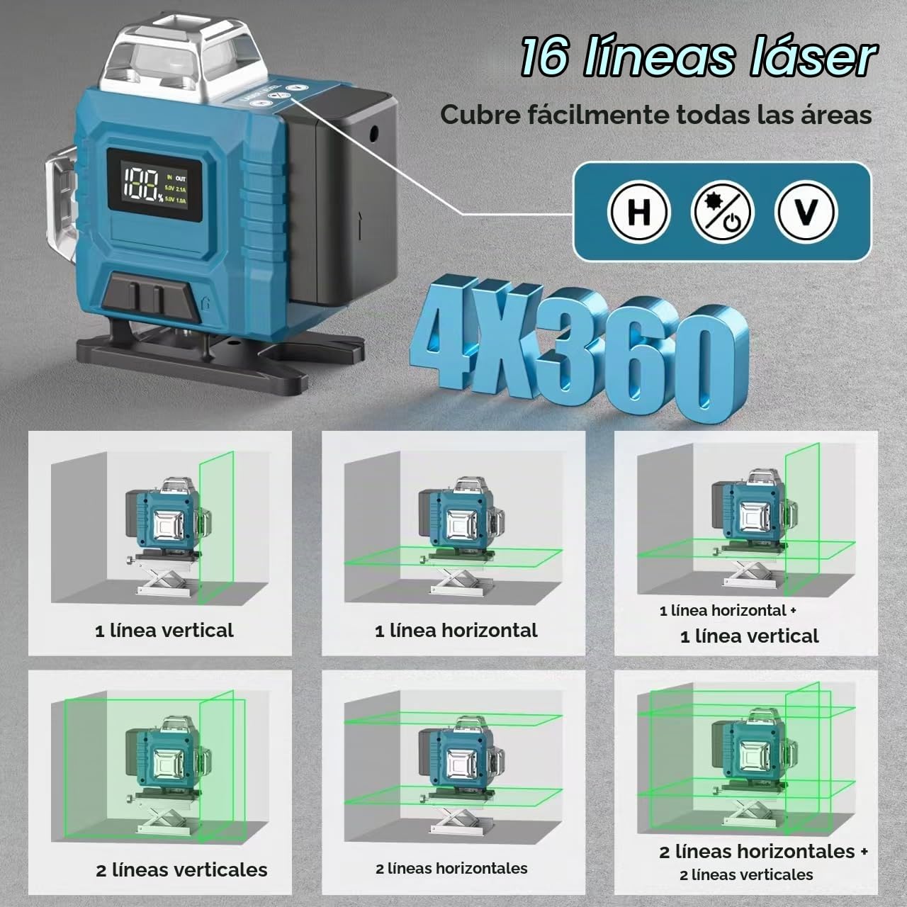 Nivel Laser con Tripode,Nivel Laser Autonivelante 360 Grados con 2x3000mAh Batería & Indicador LED,Nivelador Laser 4 x 360 °, 4D 16 Líneas Laser Verde/APP/Control Remoto/IP54 Resistente Agua