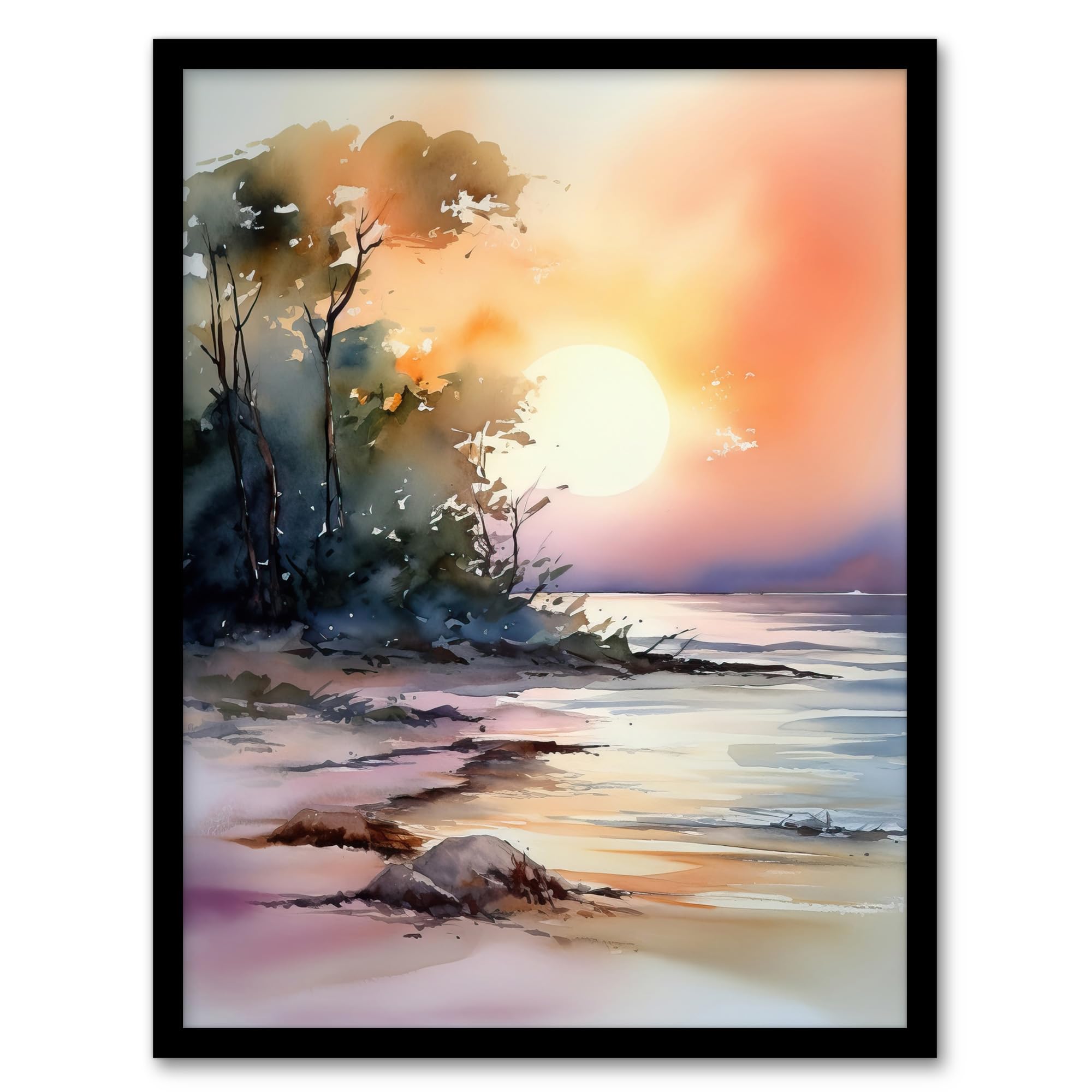 Artery8 The Bonnie Banks Of Loch Lomond Sunset Watercolour Artwork Framed Wall Art Print A4