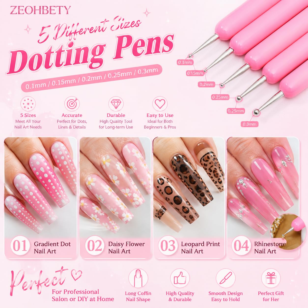 Pennelli per nail art, 5 pennelli per nail art, strumenti per punteggiare, set di pennelli per disegno artistico per linee lunghe, dettagli sottili, dimensioni 7/9/11/15/22 mm, rosa