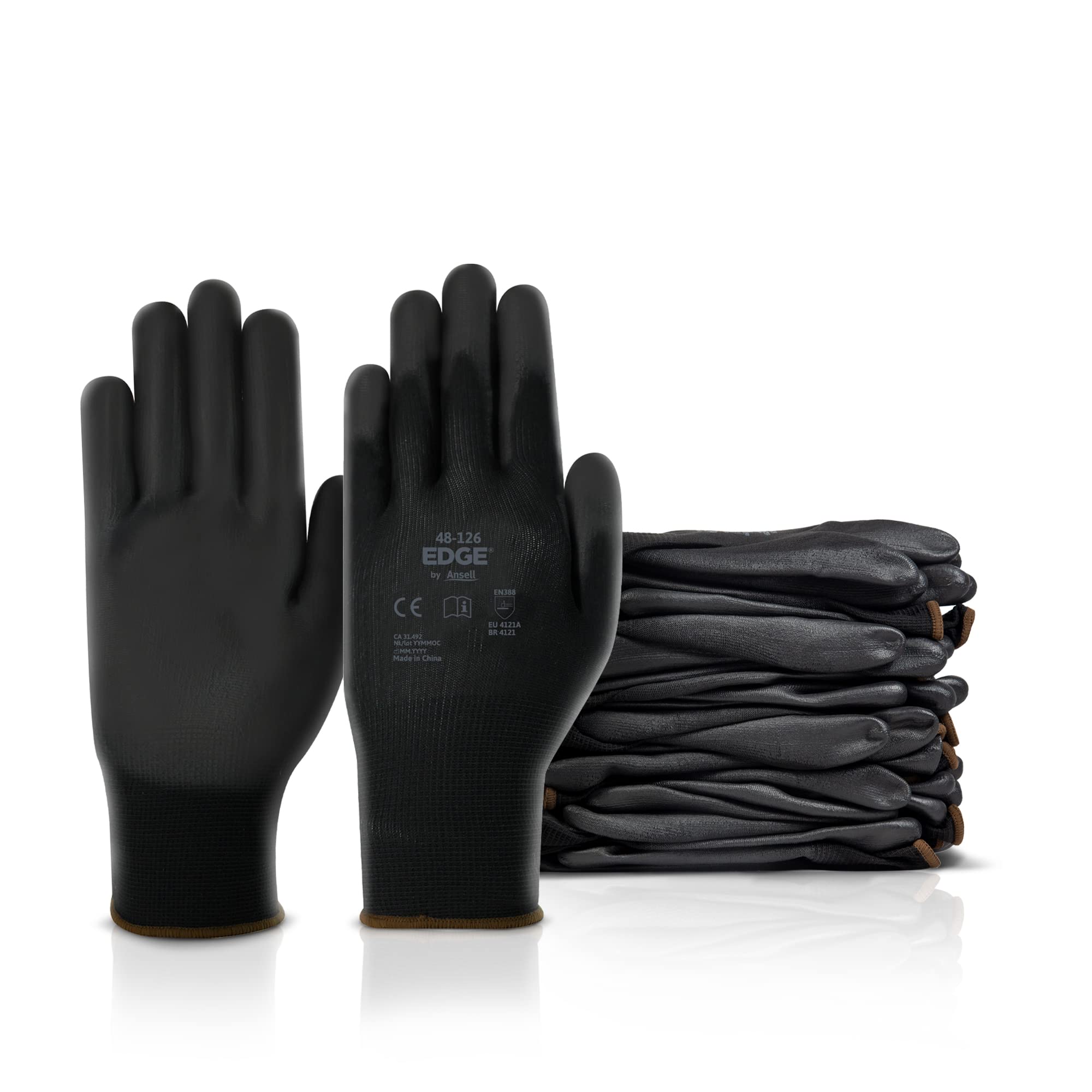 Ansell EDGE 48-126 Abrasion-Resistant Industrial Seamless Gloves w/Knitted Liner for Auto, Machinery, Electronics - Large, Black (12 Pairs)