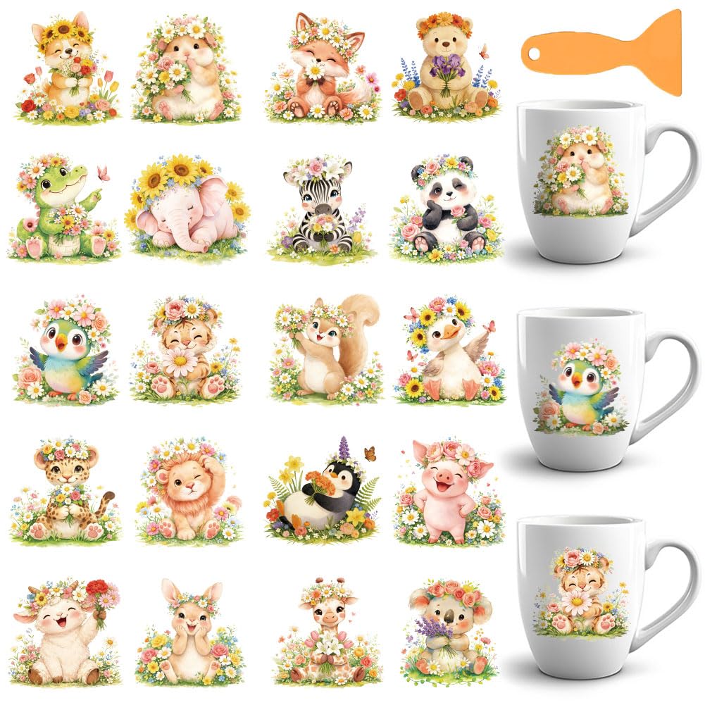 GOMAKERER 10 Pcs UV DTF Cup Wraps, Flower Crown Animal UV DTF Cup Wrap for 16OZ Glass Foxes Panda Little Bear Elements Transfer Stickers on UVDTF Transfer Decals for DIY Glass Cups Wood Crafts