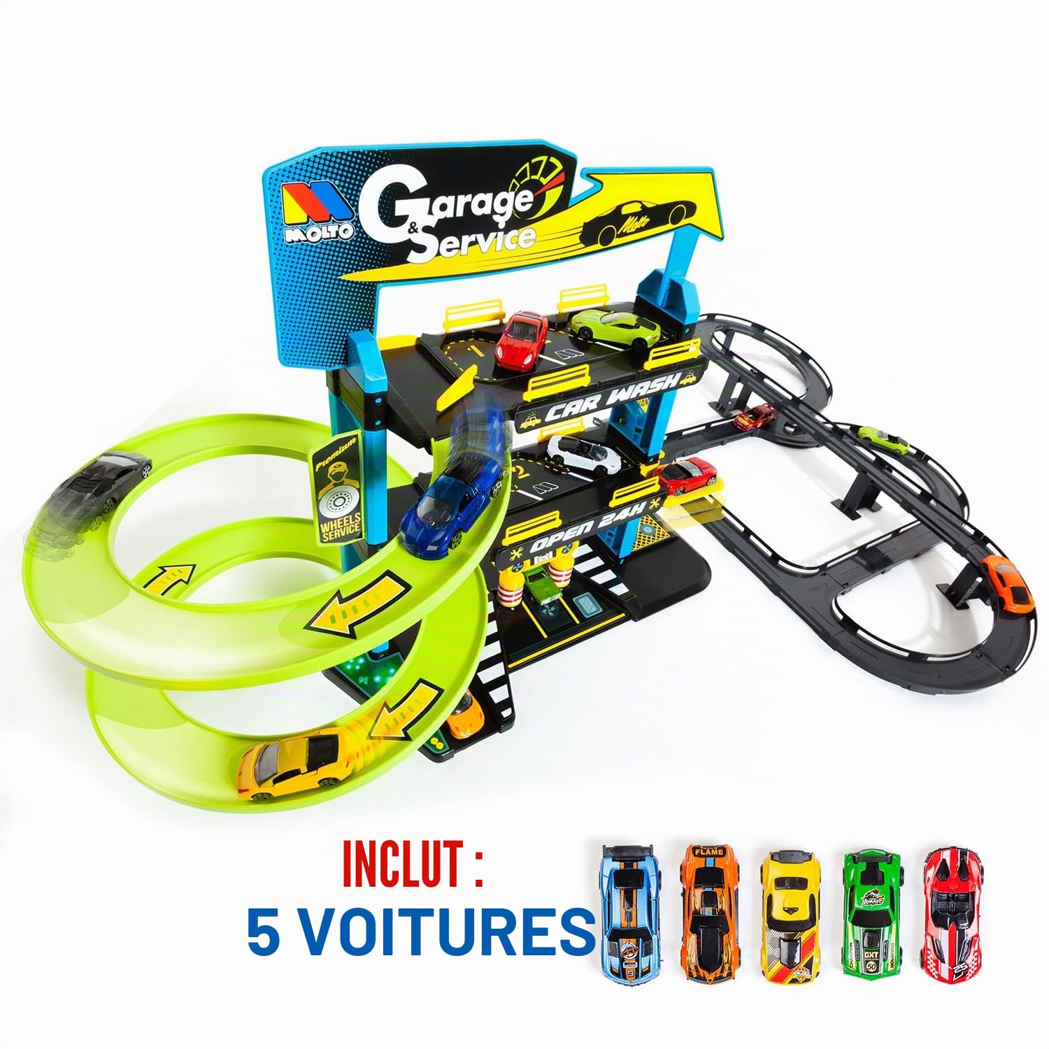 MOLTO | Parking pour Enfants à 3 Étages avec Accessoires et Piste Extérieure, Parking pour Jouets, Piste pour Voitures, Jouets pour Enfants + 3 Ans, Garage pour Voitures