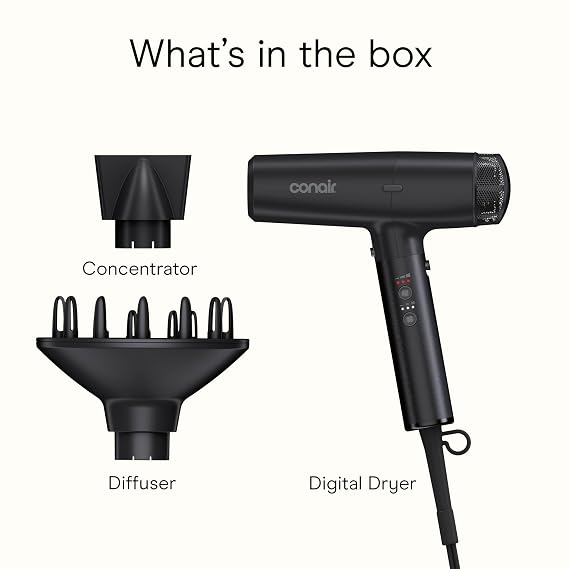 Infiniti PRO CONAIR Digital Dryer, Frizz-Reducing Ionic Hair Blow Dryer with Diffuser and Concentrator Attachments, Up to 5X More Speed and 90,000 RPMs for Advanced Drying Power, Black