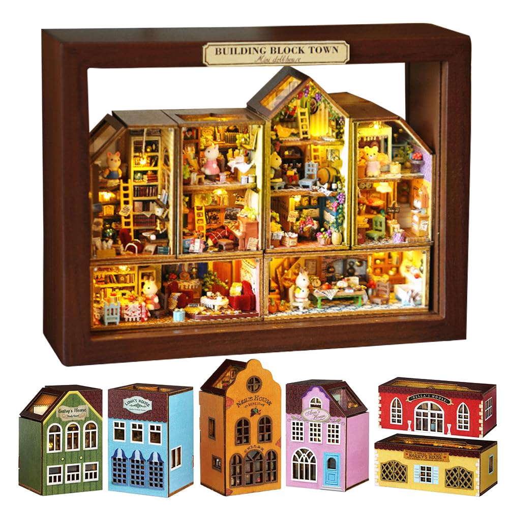 TOPBSFARNY DIY House Craft Kits, Cute Rabbit Doll Houses Miniature Building Kits with Furniture Dollhouse for Birthday Gifts DIY House Kit Creative Room Miniature (Small Town 6 Piece Set)