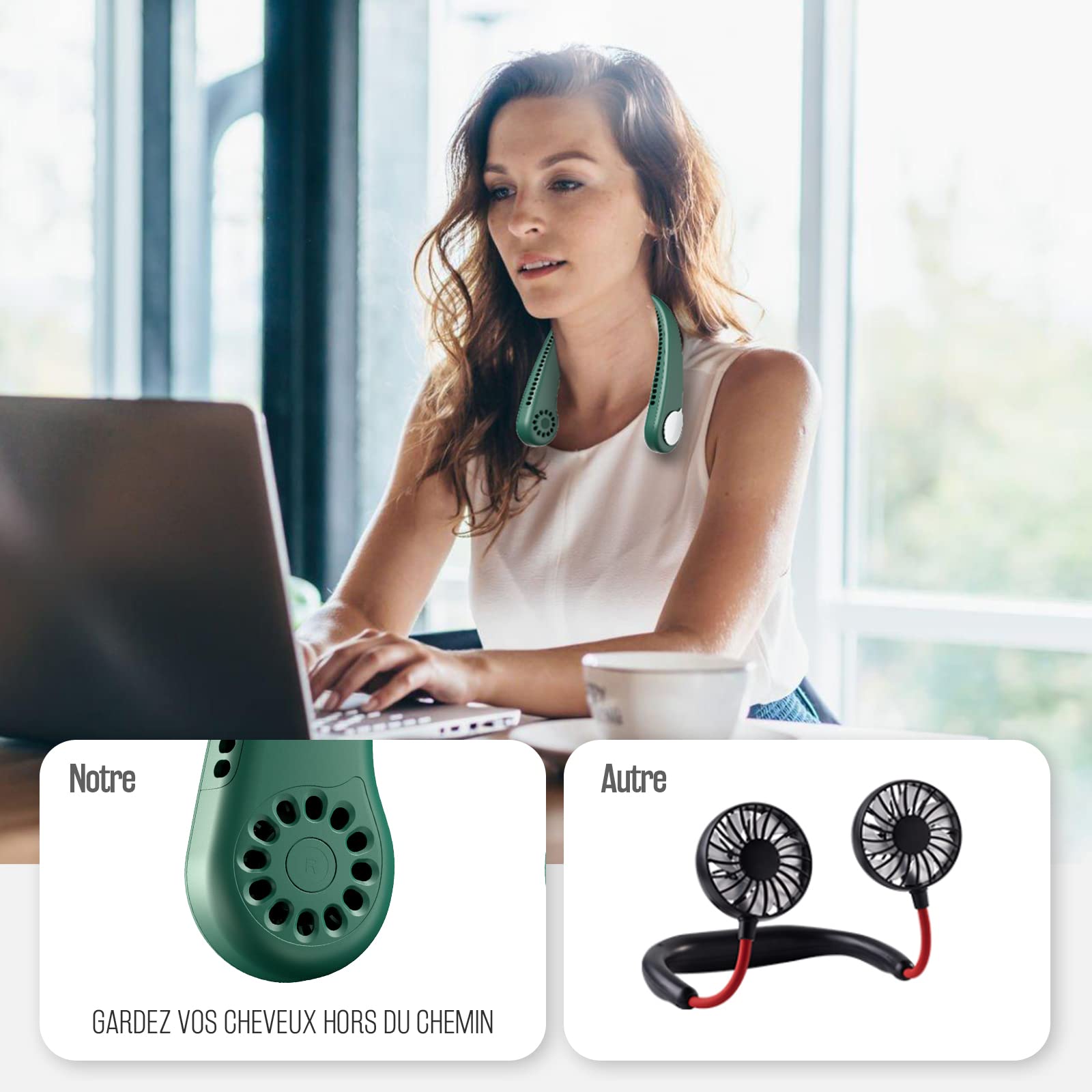 Portable USB Ventilateur de cou sans lame Silencieux avec flux d’air à 360°, personnel Mini Mobile Collier Ventilateur Nuque Refroidisseur Rechargeable USB Fan pour Bureau Domicile Voyage En Plein Air