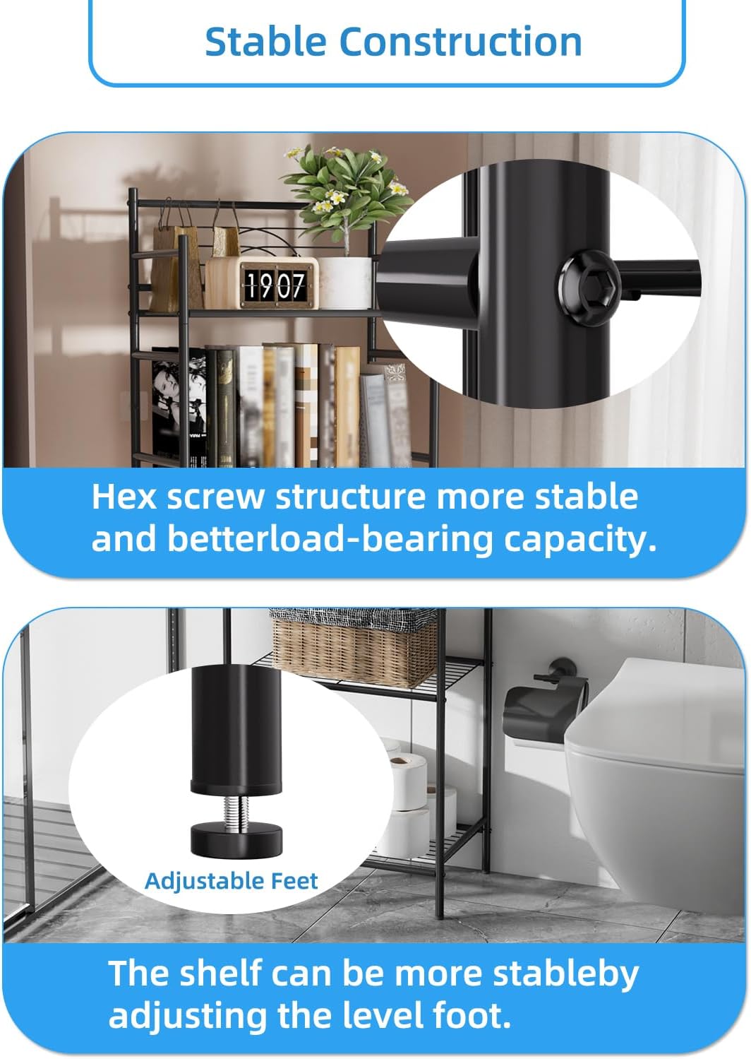 LEEDA 5-Tier Metal Shelving Unit, Sturdy Bathroom Storage Shelf & Free Standing Towel Rack with Adjustable Feet, Open Floor Shelves for Small Space in Bathroom, Kitchen, Office, Black