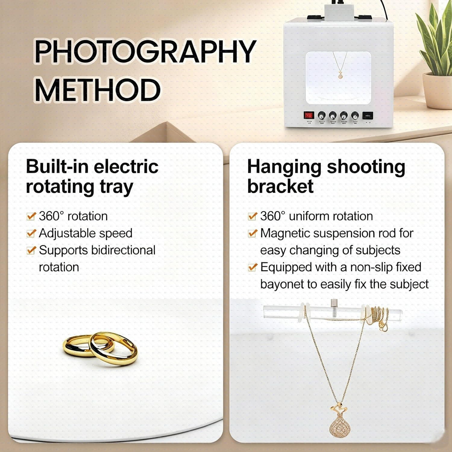 Soft Box Studio Fotografico,Giradischi Automatico Con Supporto Appendi T30 | Doppio Utilizzo Appoggio/Sospensione,Rotazione Fluida,Perfetto per Shooting E-Commerce Di Gioielleria