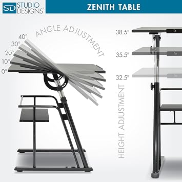 Studio Designs Zenith Height Adjustable Drafting Table with Shelf in Black, 42 W X 30 D