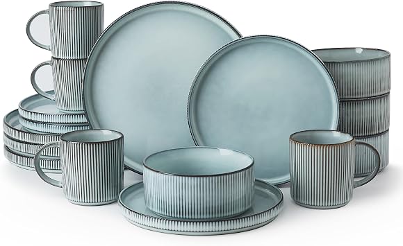 Famiware Star Dinnerware Set with Plates, Bowls and Mugs, Service for 4 16-Piece, Stoneware Kitchen Dishes Dinner Plates - Smoky Blue