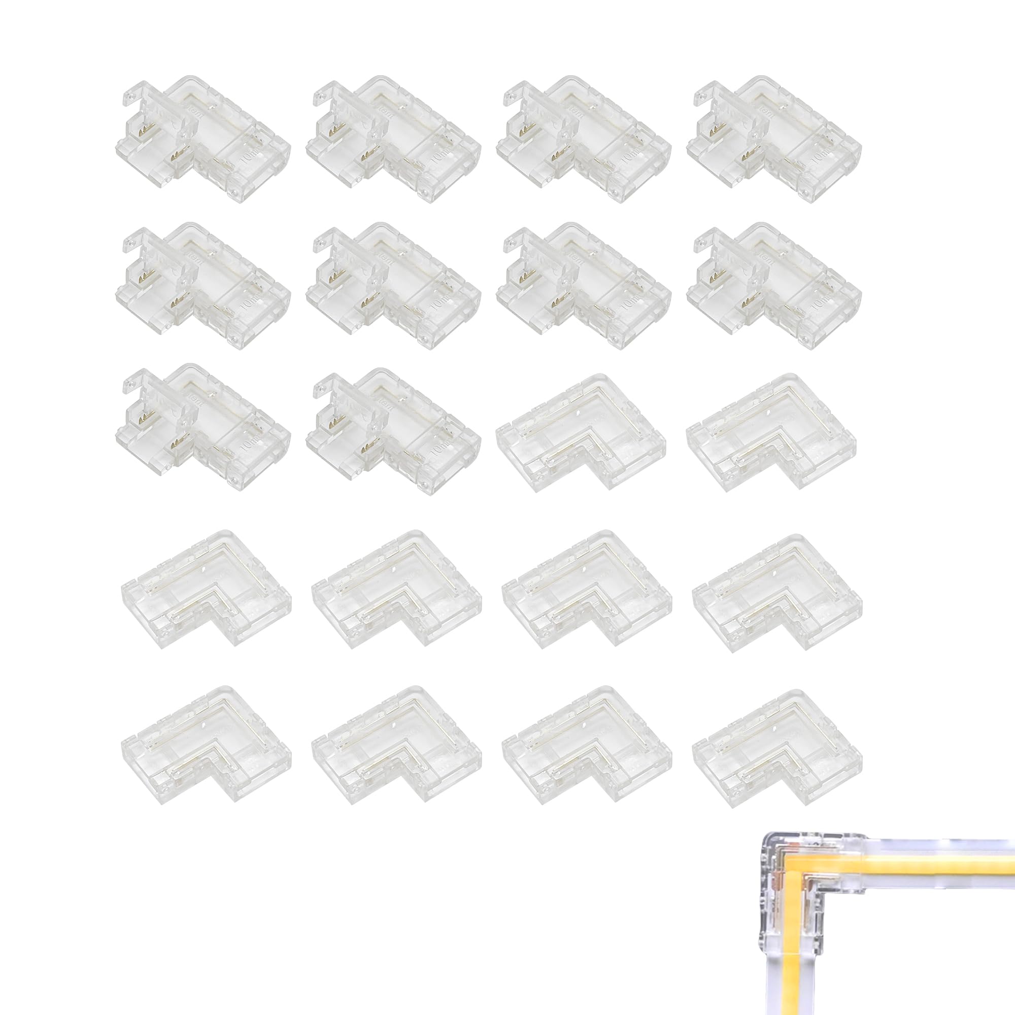 Clearhill L-Shape 2Pin Transparent Solderless COB LED Strip Connectors,10mm - 90°Right Angle Corner Joints for 5V 12V 24V Single Color LED Strip Lights (20Packs) - Seamless Corner Connection.