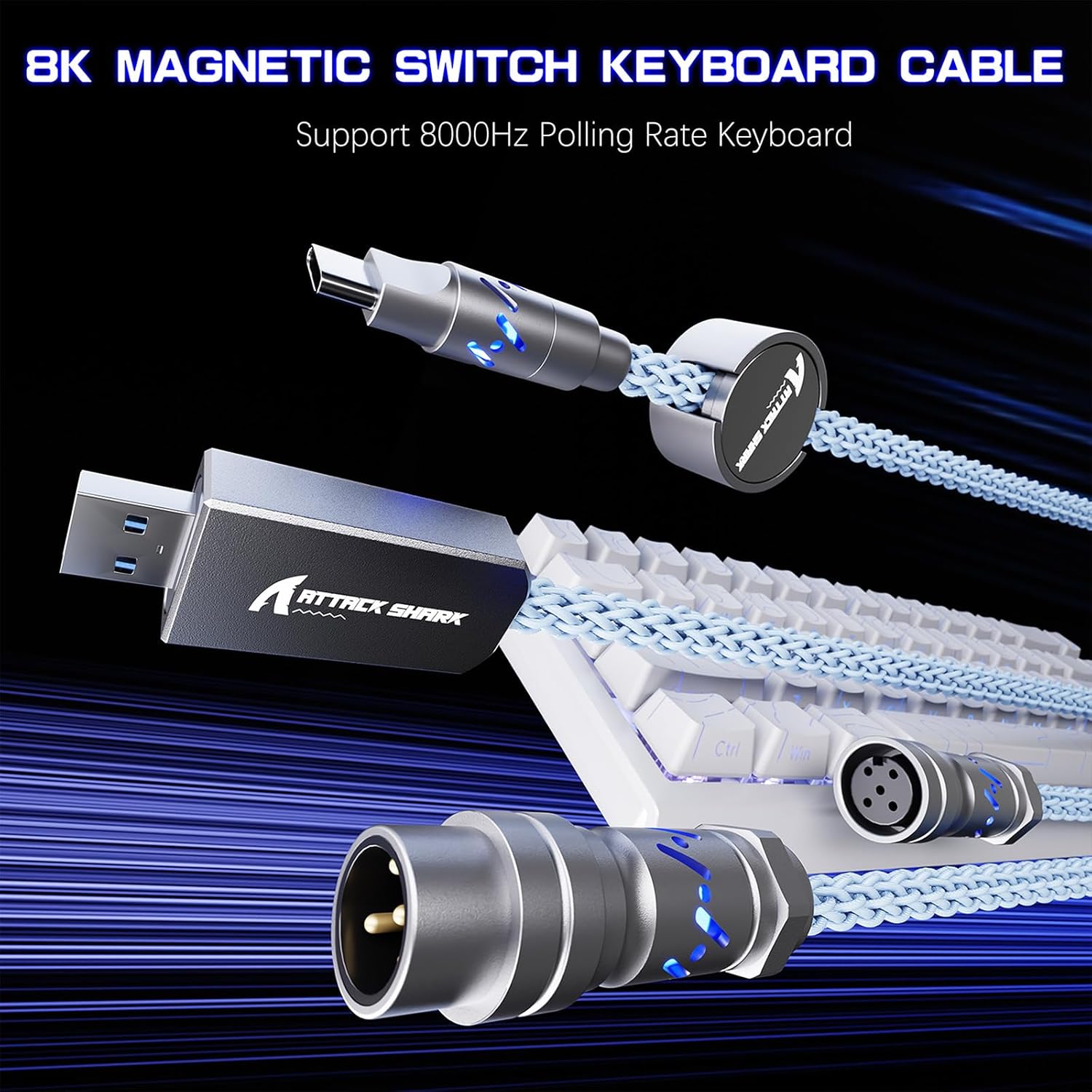 ATTACK SHARK C07 Custom Braided Aviator Cable with Light Up RGB,5-Pin Aviation Connector, USB-A to Type-C,Detachable CNC Magnetic Nameplate for Charging Phones 8KHZ Magnetic Keyboard X65 X68 HE(Blue)