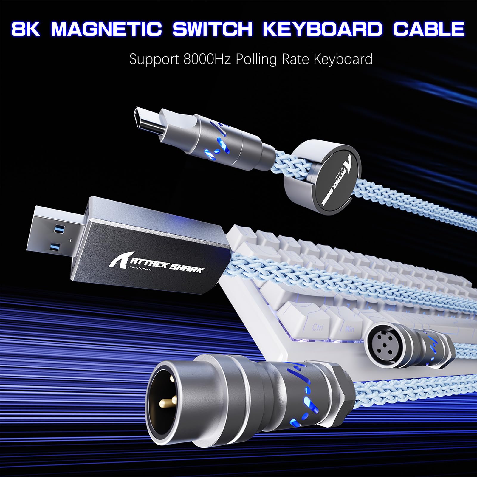 ATTACK SHARK C07 Cable de aviador trenzado personalizado con RGB iluminado, conector de aviación de 5 pines, USB-A a tipo C, placa magnética CNC desmontable para cargar teléfonos, teclado magnético de