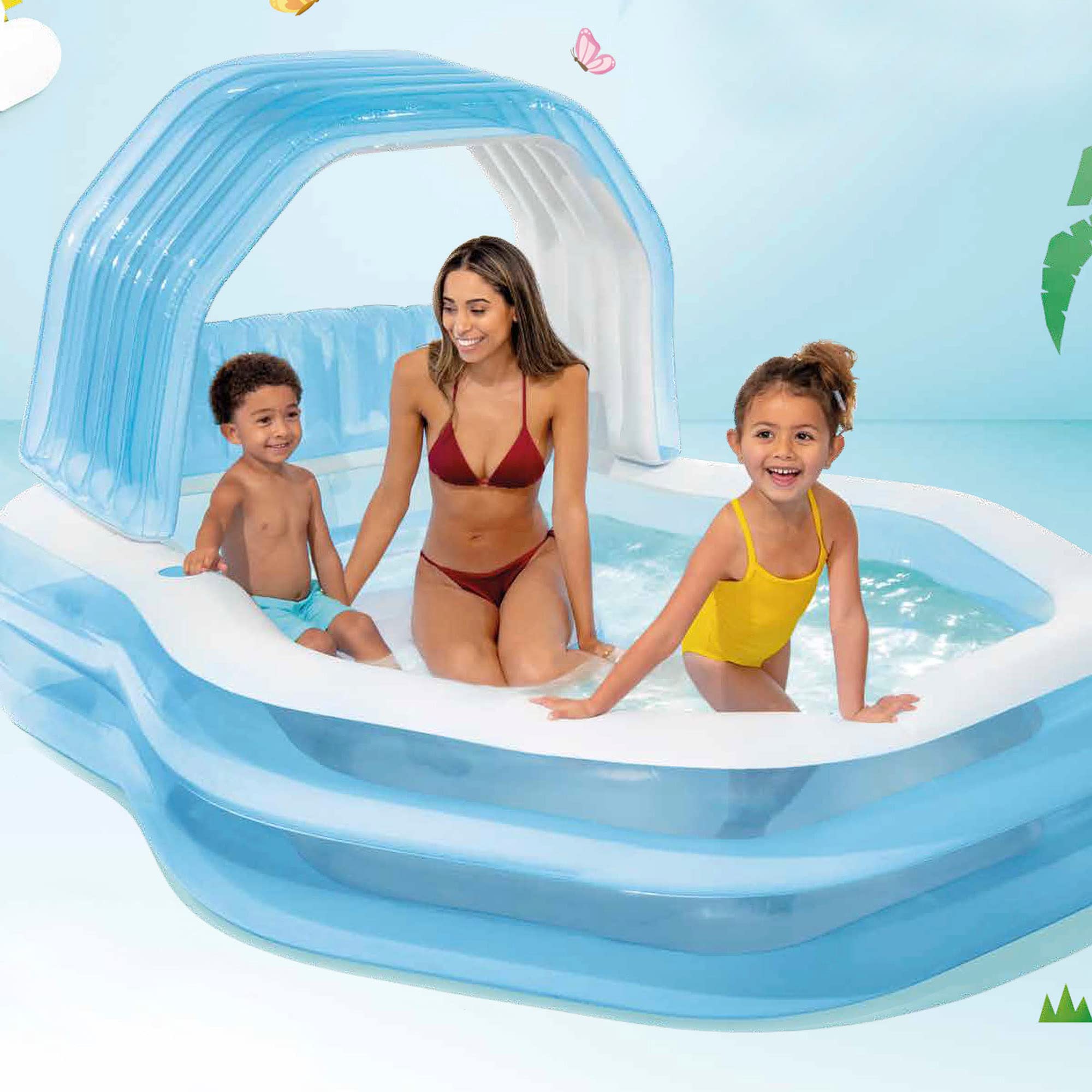 Intex Piscina Hinchable Infantil con Toldo Desmontable, Piscina para niños a Partir de 3 años, Incluye 2 Porta Bebidas, Parche de reparación y tapón de desagüe, Medidas 229x191x135cm (57186)