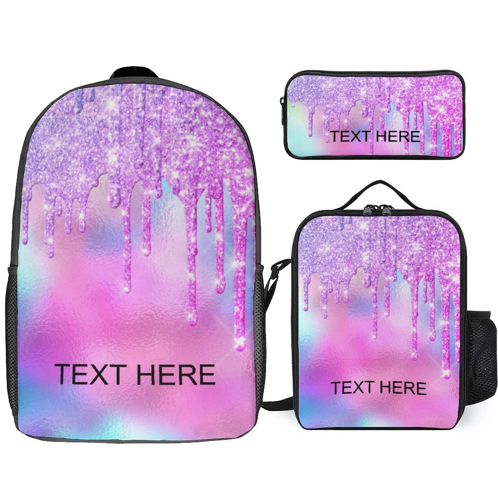 Aicihert Custom Pink Glitter Pattern Backpack Personalized 3 Piece Set Backpack with Your Name Text School Bag Customized Bookbag with Lunch Box And