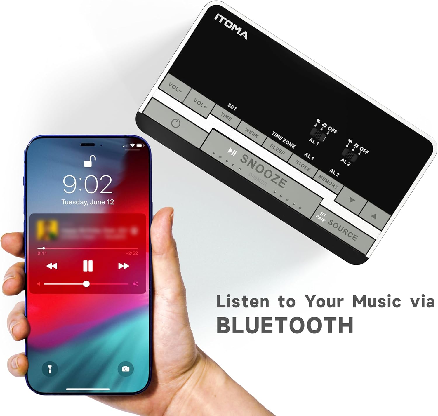 iTOMA Alarm Clock Radio-Bluetooth Stereo Speakers,FM Radio,Dual Alarm,Snooze,Brightness Dimmer,USB Charging, Alarm Clock for Bedroom Office 3501