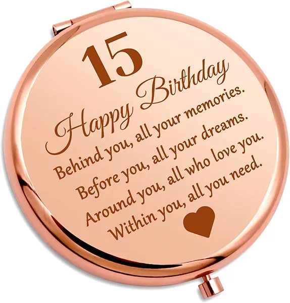 Gevody 15th Birthday Compact Makeup Mirror, Round Stainless Steel Mirror with Tabletop Mount, Portable and Lightweight, Ideal for Travel and Daily Use