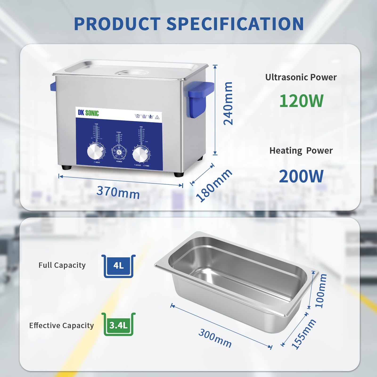DK SONIC Myjka ultradźwiękowa 4L 120W, przemysłowe urządzenie do czyszczenia ultradźwięków z wydajnym, kodowanym sterowaniem i pięcioma trybami do czyszczenia okularów, naszyjników, zegarków i