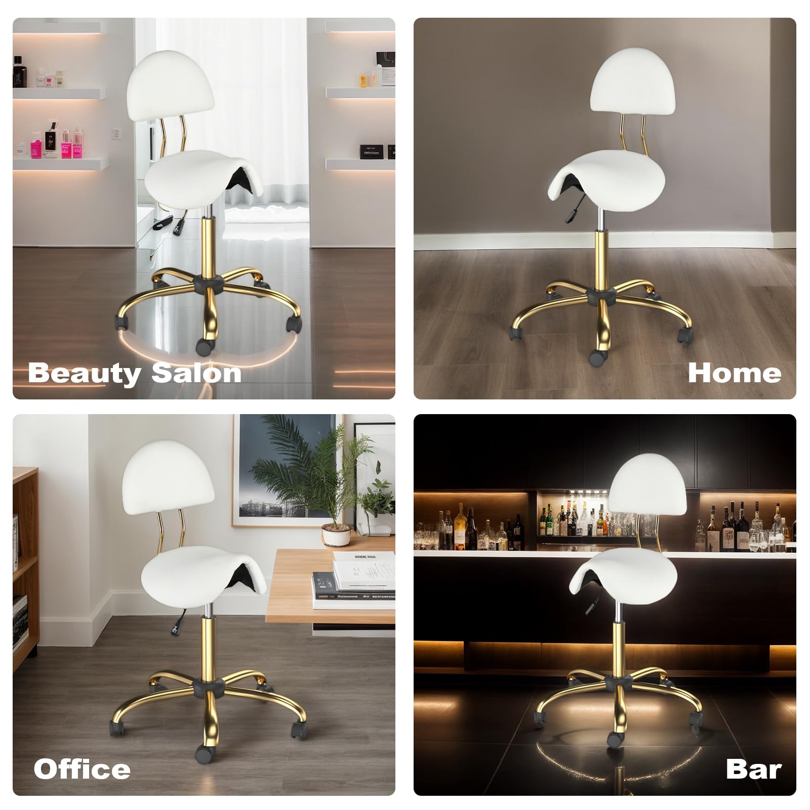 Bonnlo Tabouret de Selle, Tabouret à roulettes Réglable en Hauteur, Tabouret de Bureau Rotation à 360°, Revêtement en PU (Blanc + Or, avec Dossier (66P x 66l x 91H cm))