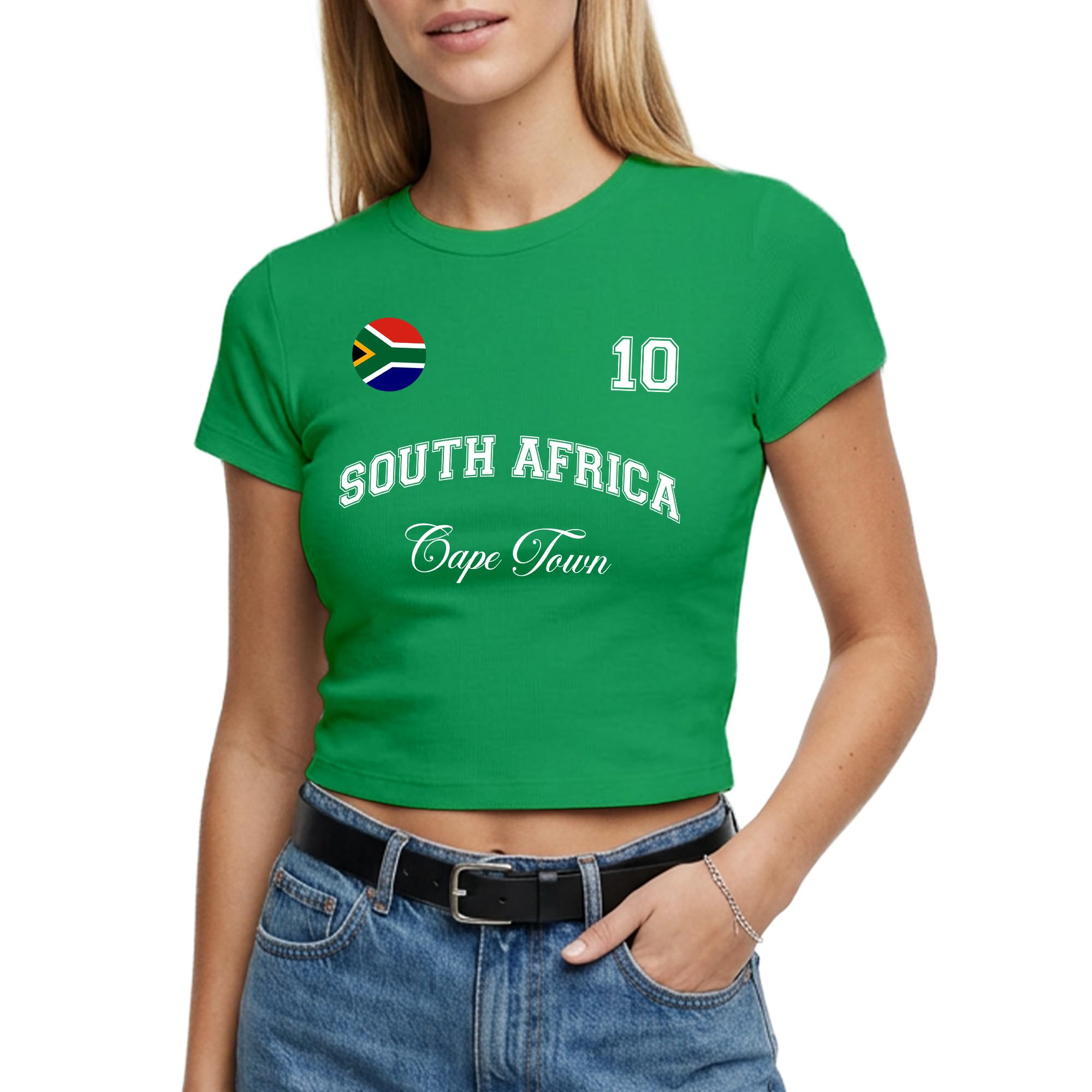 Womens South Africa Baby Tee - Custom City Name Number Short Top Tee - Ladies Football Supporter Fan Top, XS, Irish Green