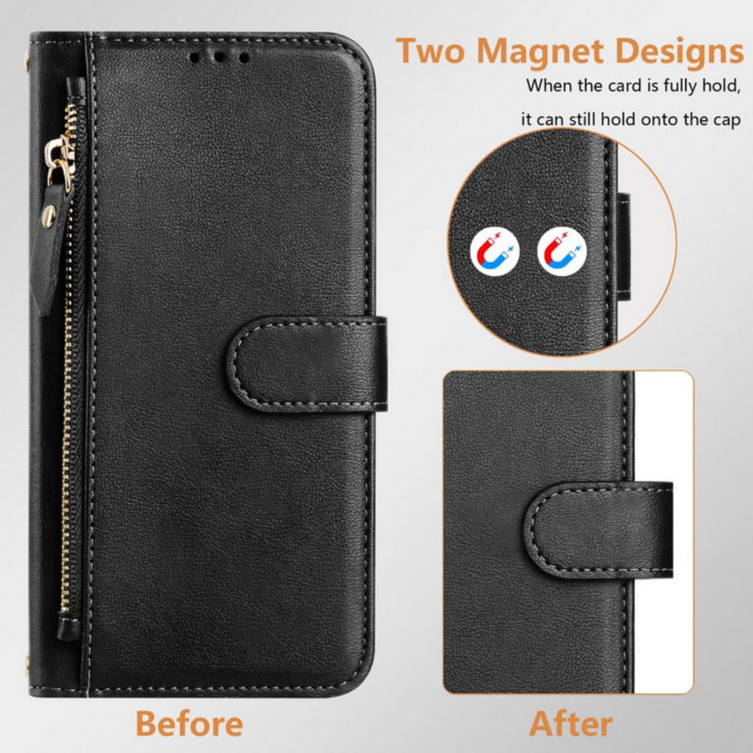 Étui Portefeuille en Cuir avec Fermeture éclair pour Galaxy S23 FE (Marron, Sangle Courte)