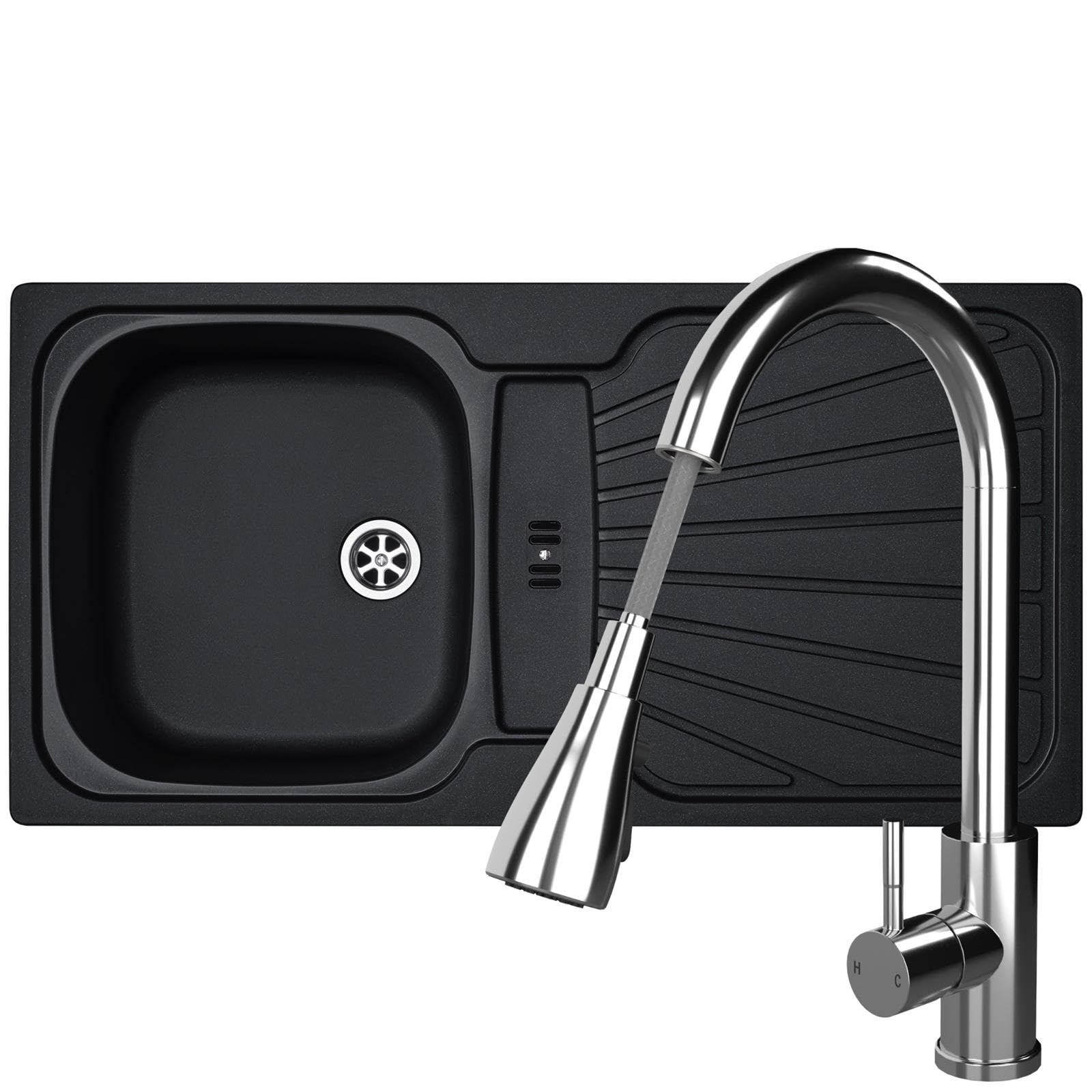 B&Q -  Cmp5Bl 1.0 Bowl Black Kitchen Sink With Kpo11Ch Chrome Pull Out Tap