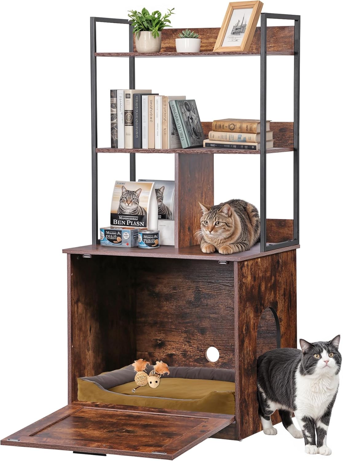 ZENY 2-in-1 Cat Litter Box Enclosure with Storage Shelves, Hidden Cat Litter Box Enclosure Furniture with Entrance (Rustic Brown)