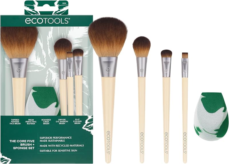 Kit Core Five Makeup Brush and Blending Sponge, juego de 5 piezas | Maquillaje natural fácil con un juego de brochas de maquillaje con esponja de belleza de 3 bordes, asas de bambú y