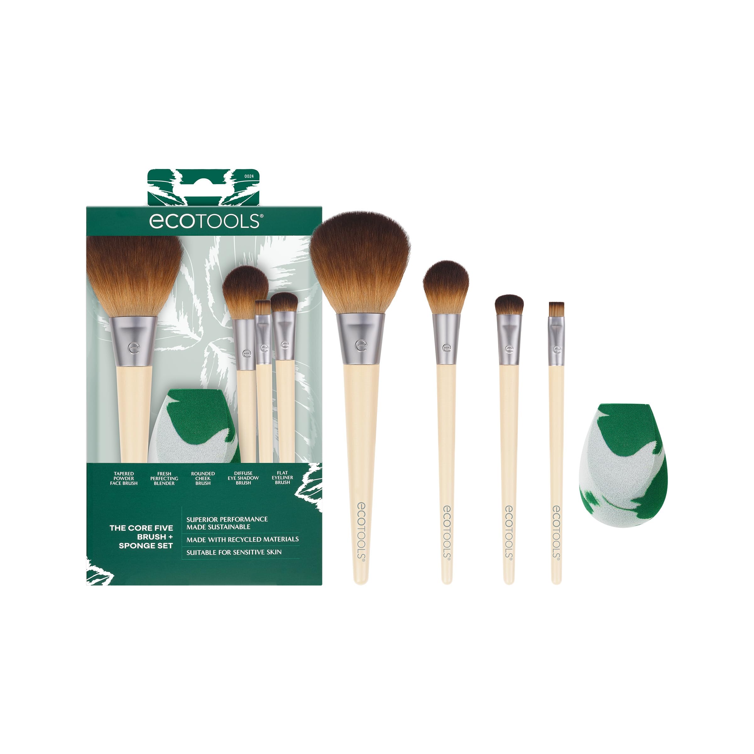 EcoTools Core Five Makeup Brush and Sponge Kit, For Eyeshadow, Blush, Bronzer, Eyeliner, & Foundation, Makeup Blending Sponge, Brush Essentials, 5 Piece Set Tan