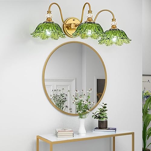 Miniatura 8 de Vintage Bathroom Vanity Light, 3-Light Matte Brass Finish Vanity Light with Floral Green Glass Shades, Retro Wall Sconce for Bathroom, Dressing Table