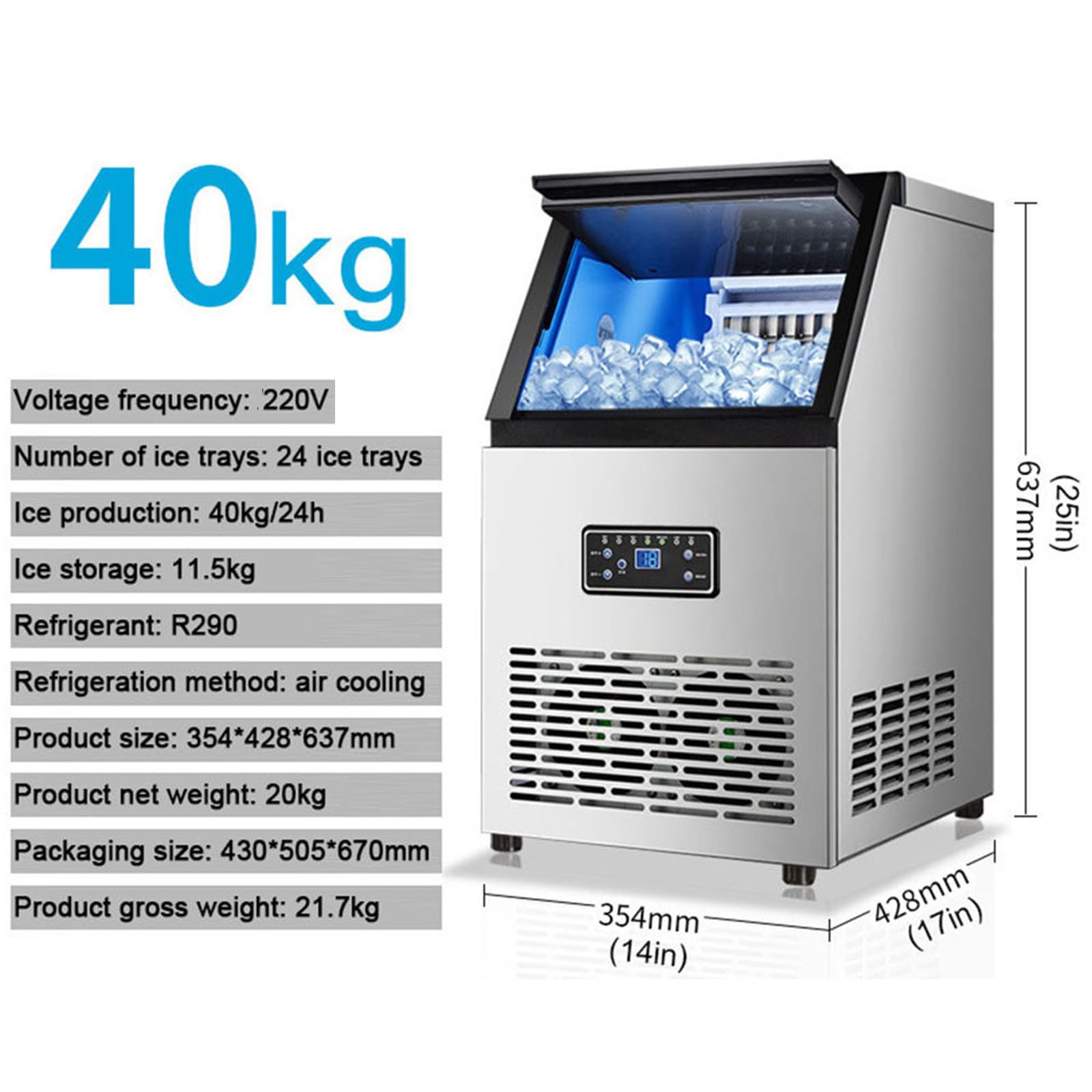 Máquina Hielo Comerciales Hacer Hielo Industrial Panel Control LCD Inteligente 40kg | Autolimpiante Ice Maker Machine Filtro Incluido y Pala para Cafeterías,Bares,Hoteles