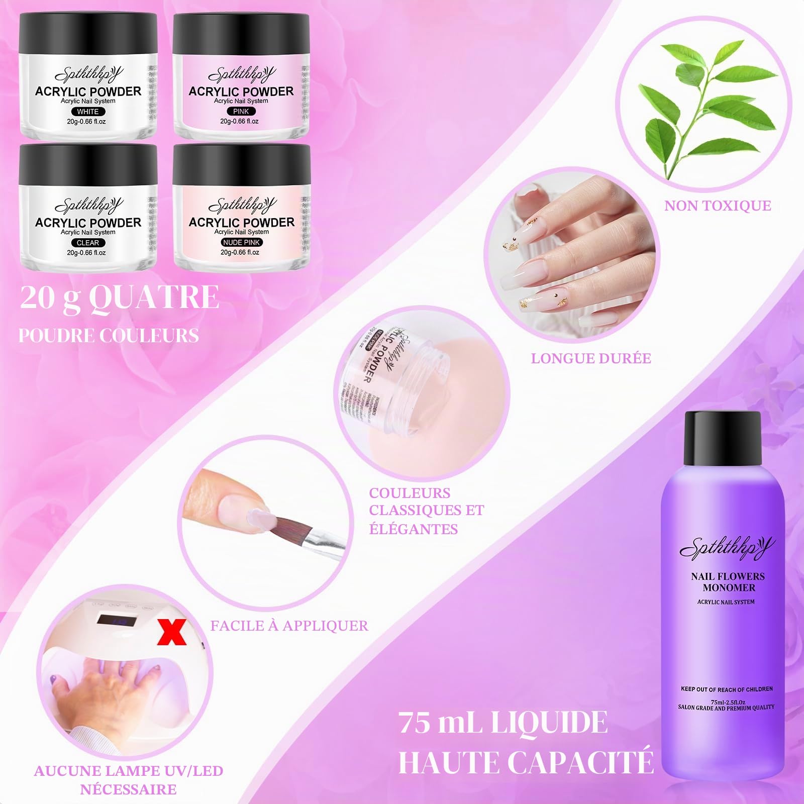 4PCS Poudre Acrylique pour Ongles SPTHTHHPY et 75ML Liquide Acrylique, Kit Vernis à Ongles Complet, Convient Aux Débutants et Aux