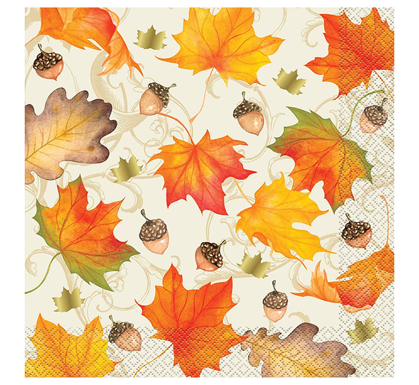 Foil Gold Fall Leaves Thanksgiving Dinner Paper Napkins, 16ct