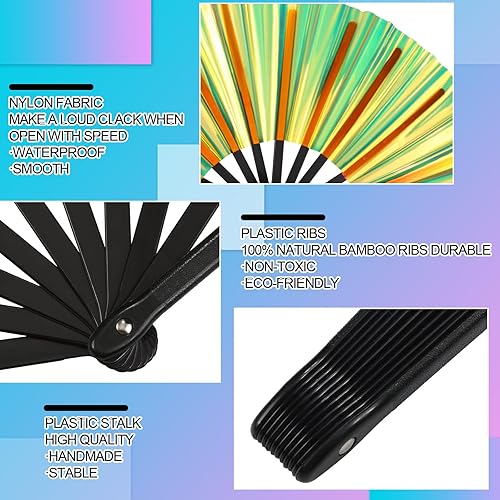 Miniatura 2 de Burbell Ventilador de mano plegable con purpurina para festival, 12 unidades, con clack láser, holográfico, ventilador de mano grande, plegable,