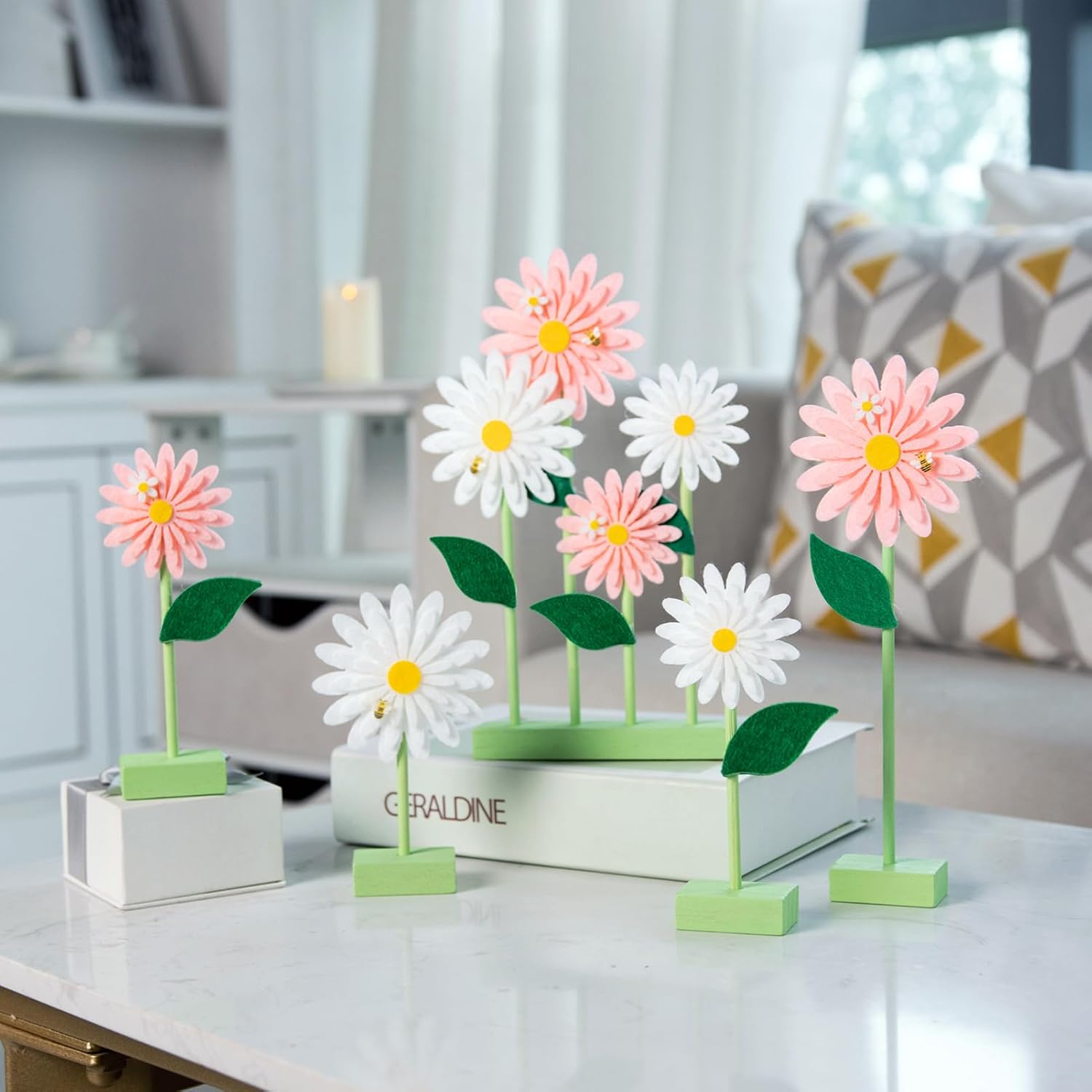PAPER JAZZ Daisy Centerpieces Pink White Decorations Boho Daisy Spring Decor for Home, Felt Flower Standing Tabletop Decorations Spring Garden Party for Girl Women