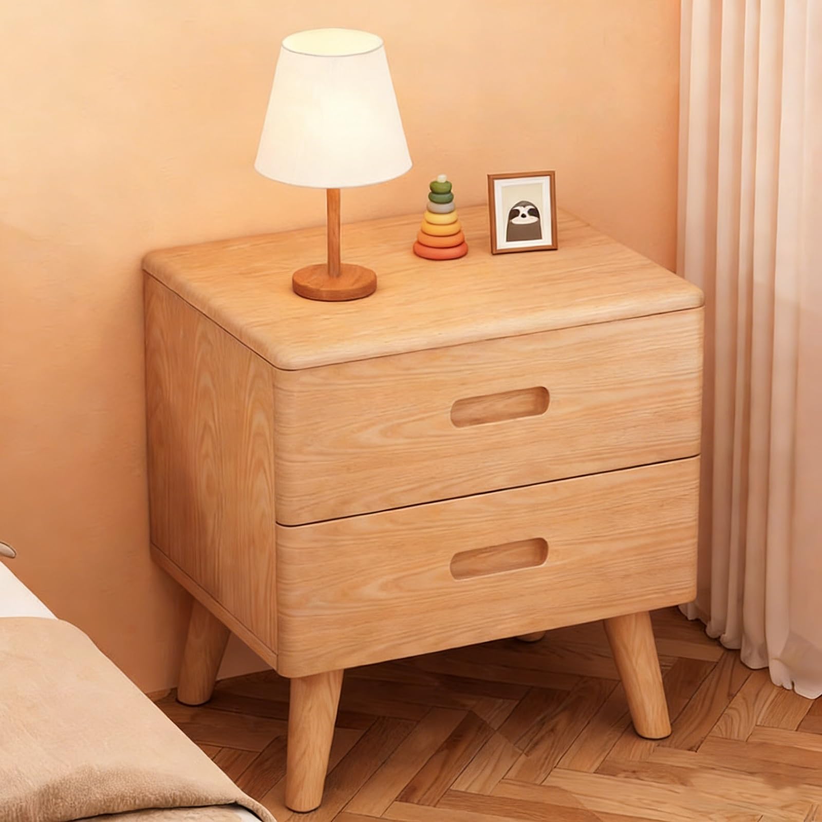 SXZenSpace Farmhouse Nightstand Solid Wood Bedside Table with 2 Drawers Side Storage Nightstands for Living Room Hallway(Natural,50x35x50cm)
