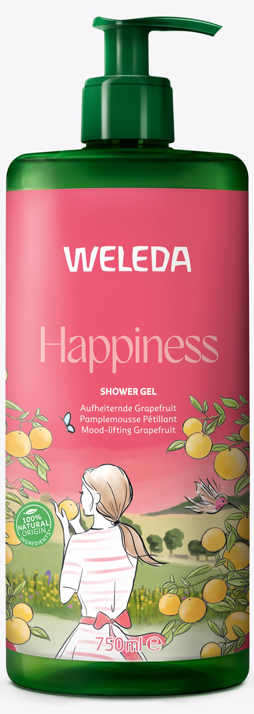WELEDA Bio Happiness XXL Duschgel vegan - Naturkosmetik Aroma Shower Dusche für Frauen & Männer mit Grapefruit, Mandarine & Limette Duft - Natürliche Hautpflege Duschseife mit Pumpspender (1x 750ml)