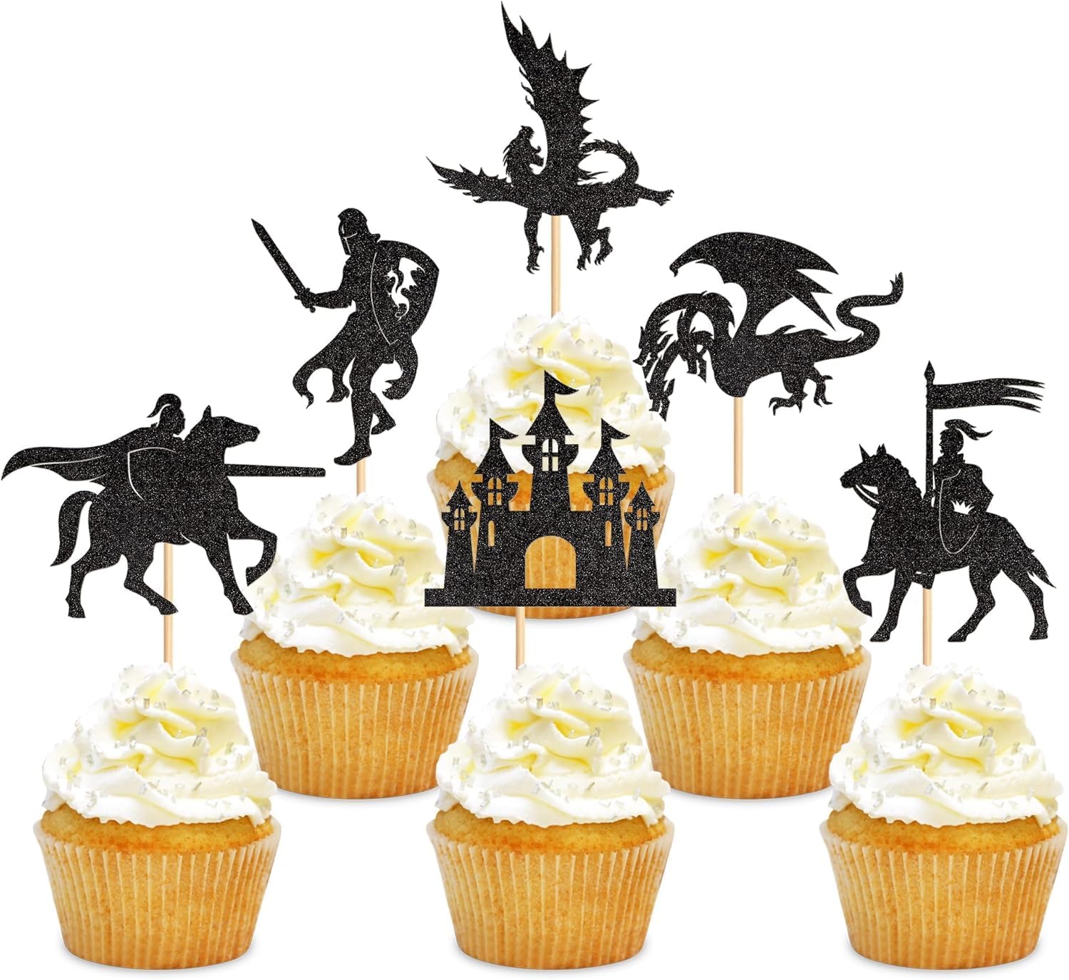 24Pcs Dragon Cupcake Toppers Castle Dragon Knight Black Glitter Cake Topper Decorations for Medieval Theme Fairy Tale Fantasy Birthday Party Baby Shower Supplies