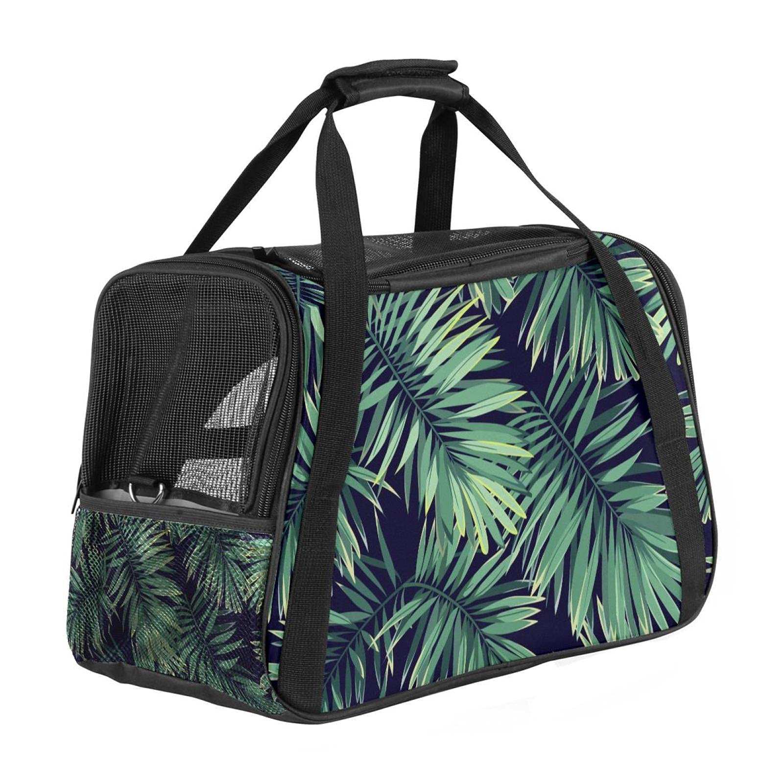 Jungle Tropical Palm Leaves Pet Carrier for Small Medium Dogs Cats Puppies, Airline Approved Pet Travel Carrier with Adjustable Shoulder Strap, 17x10x11.8 in