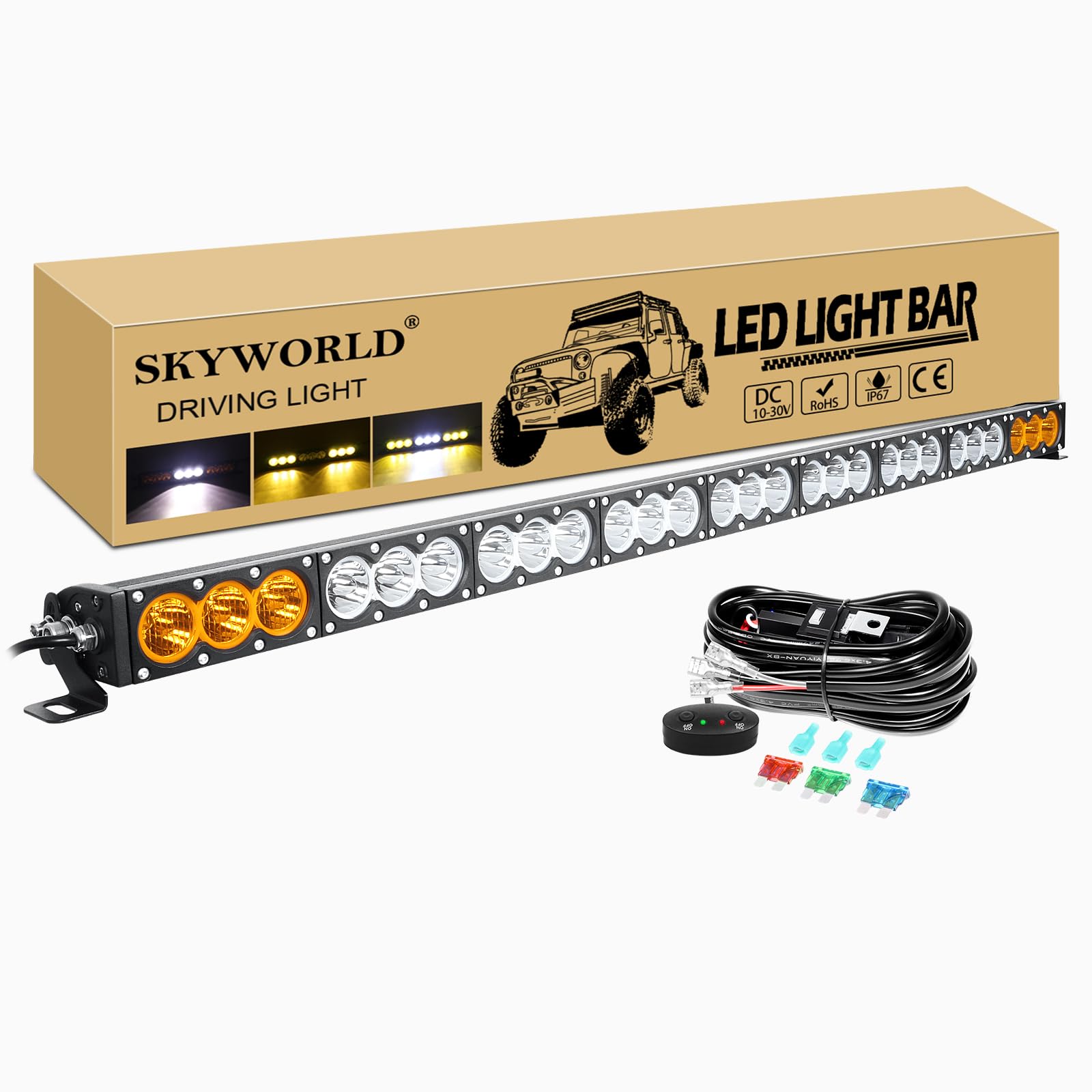 SKYWORLD Single Row LED Light Bar with 12V Wiring Harness Kit, 49 inch 270W Dual Color White Amber Offroad Driving Fog Lights Roof Bumper LED Bar for Car Truck SUV UTE ATV 4x4 4WD Vehicles similar
