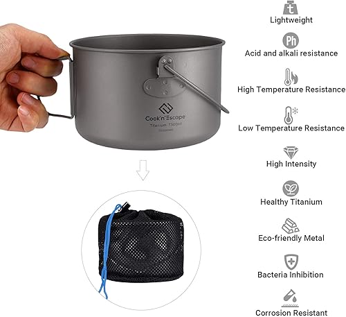 Miniatura 3 de COOK'N'ESCAPE Utensilios de cocina de titanio para acampar, kit de desorden de cantina, comedor de camping con olla y sartén, utensilios de cocina