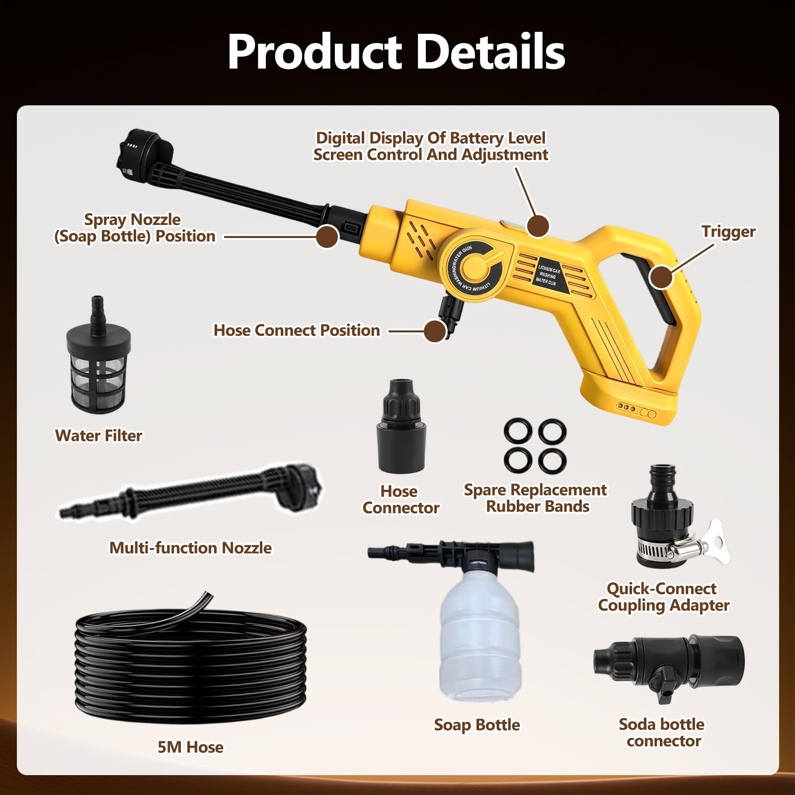 Akumulatorowa myjka wysokociśnieniowa kompatybilna z akumulatorem Dewalt 20 V, 1300 psi, przenośna myjka wysokociśnieniowa z wężem 5 m, dysza 6 w 1, bezszczotkowy pistolet do czyszczenia samochodu