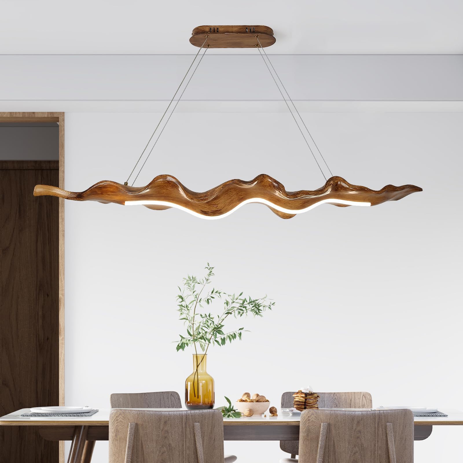 HvKvHvY Kitchen Island Ceiling Lights 3000K-6000K Dimmable Chandeliers Ceiling Light Adjustable with Remote Control,68W Wood Grain Leaf Style LED Dining Table Lights for Kitchen Bedroom Study, 130Cm