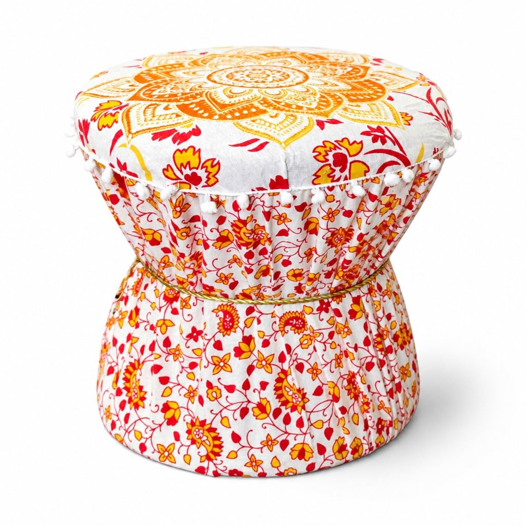 Orange White Floral Boho Pouffe Ottoman Muda Cover Round Mandala Print Cotton Footstool Set of 1 Pieces Mudda Cover ONLY-image-13
