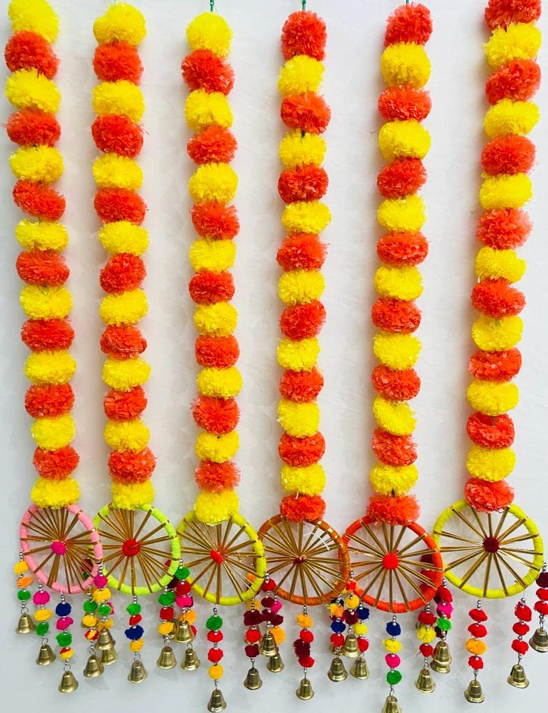 Sphinx Artificial Marigold Fluffy Flowers with Velvet Pom Pom/Gota/Beads and Golden Bell Dream Catcher wall hangings (Height Approx. 96cm/ 37.79inch/ 3.14ft) – 6 Pieces (Yellow & Dark Orange)