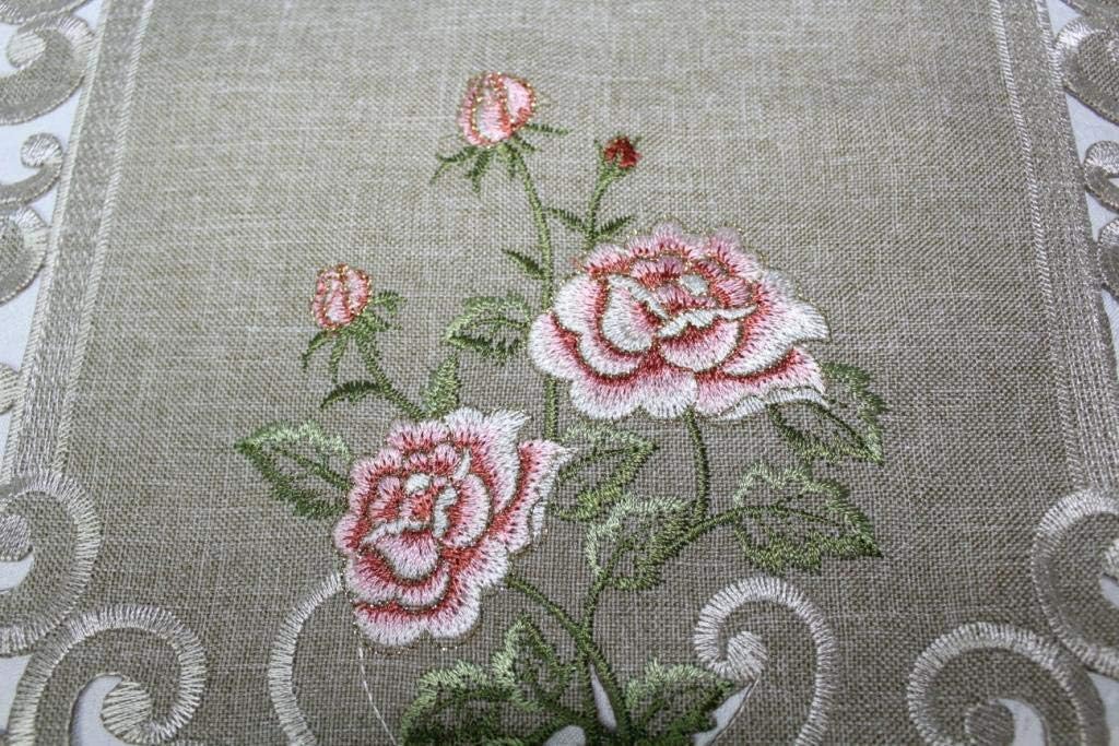 Fireplace Mantel Runner with a Pink Rose on Sage Green Burlap Linen Material, Size 88 x 19 inches
