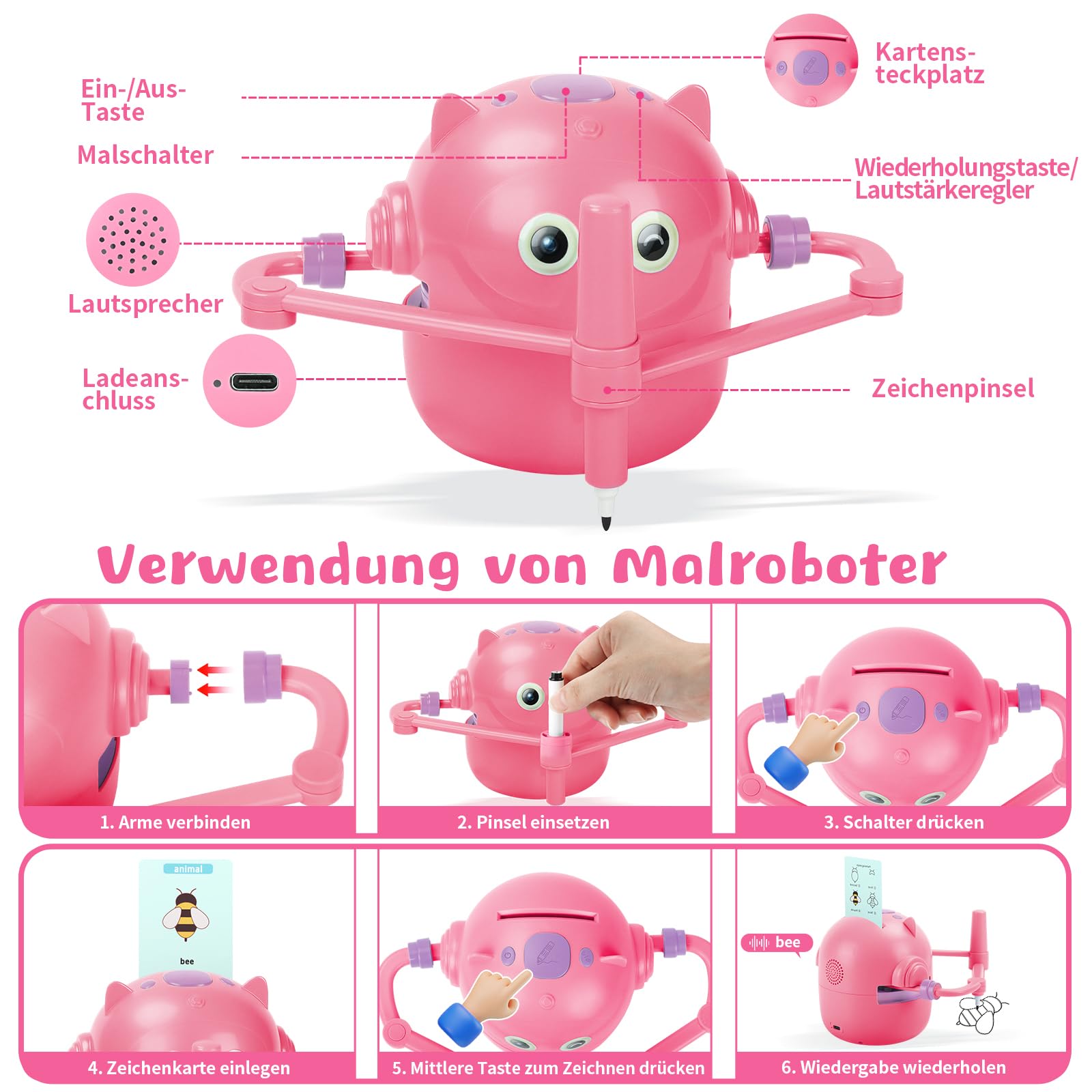 Charmofun Malroboter für Kinder, Zeichenroboter Kinder mit Stift & 100 Karten, Drawing Robot zur Frühkindliche Bildung, Sprachinteraktiver Lernspielzeug für Jungen Mächen ab 3 Jahren (Rosa)