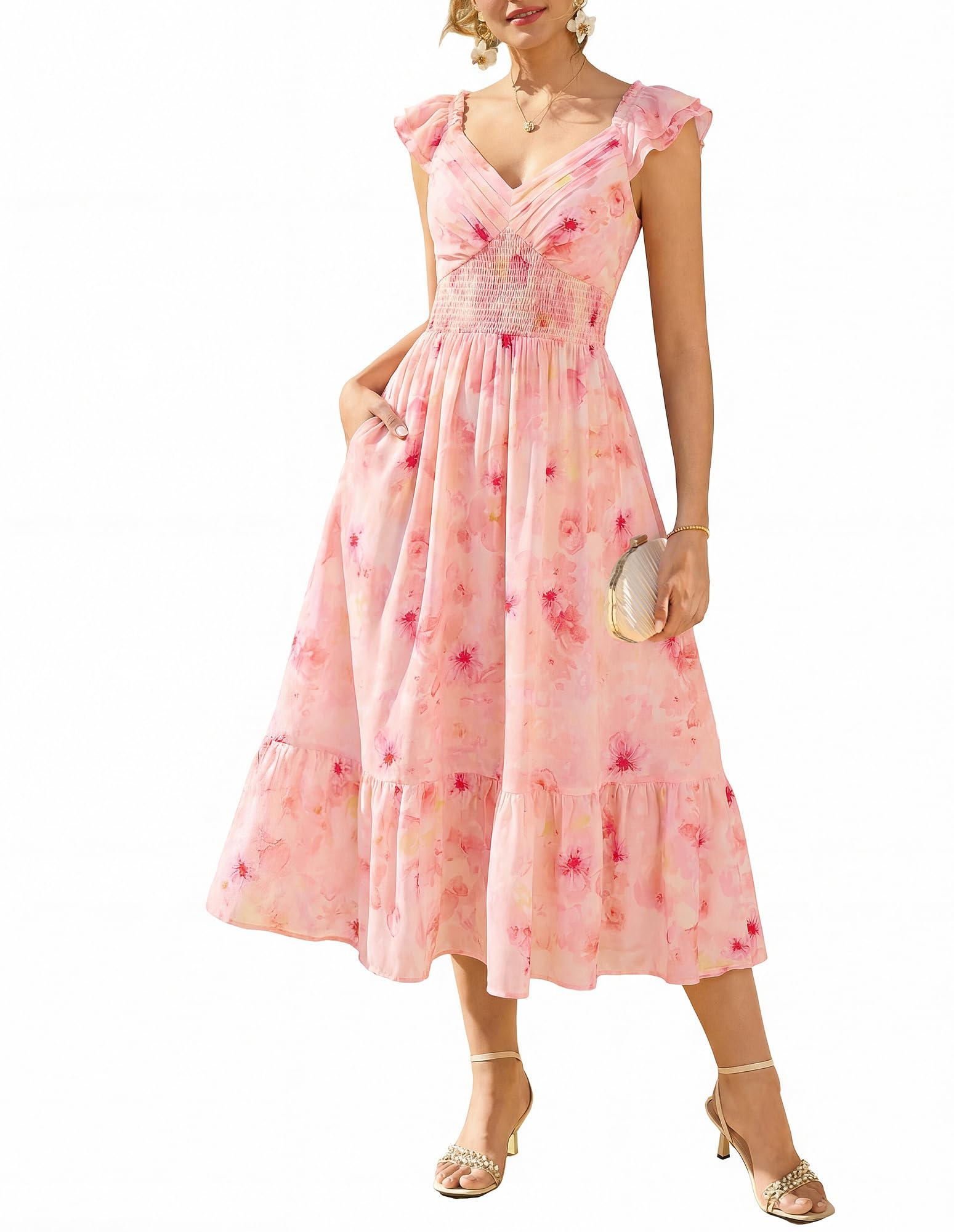 GRACE KARIN A-Linien Blumen Kleider Damen mit Tasche Sommerkleid Leicht | Chiffon Kleid·Blumen Maxikleid·Kleid Hochzeitsgast Damen Elegant Festliche| Rüschenärmel·V-Ausschnitt·Gefüttert·Taschen