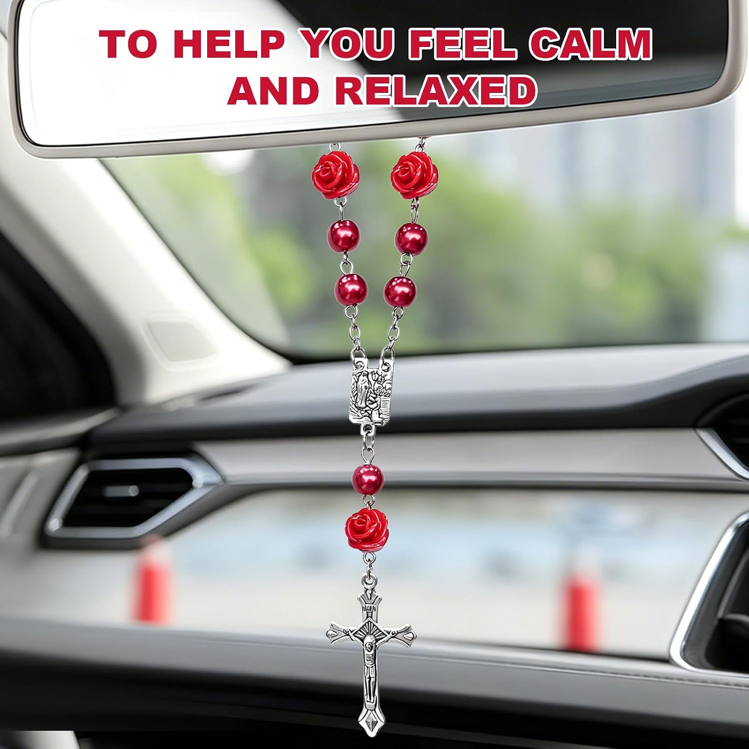 2 PCS Car Rose Rosary for Rearview Mirror, Rosary Pearl Cross Rear View Mirror Hanging Ornament, Personalized Rose Cross Blessing Charm Religious Pendant for Most Vehicles (Red) image 5