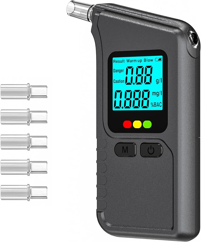 Breathalyzer, 2026 Upgraded Professional-Grade Accuracy Alcohol Breathalyzer Tester Battery Powered, Portable Breathalyzers for Alcohol LCD Digital Display with 5 Mouthpieces